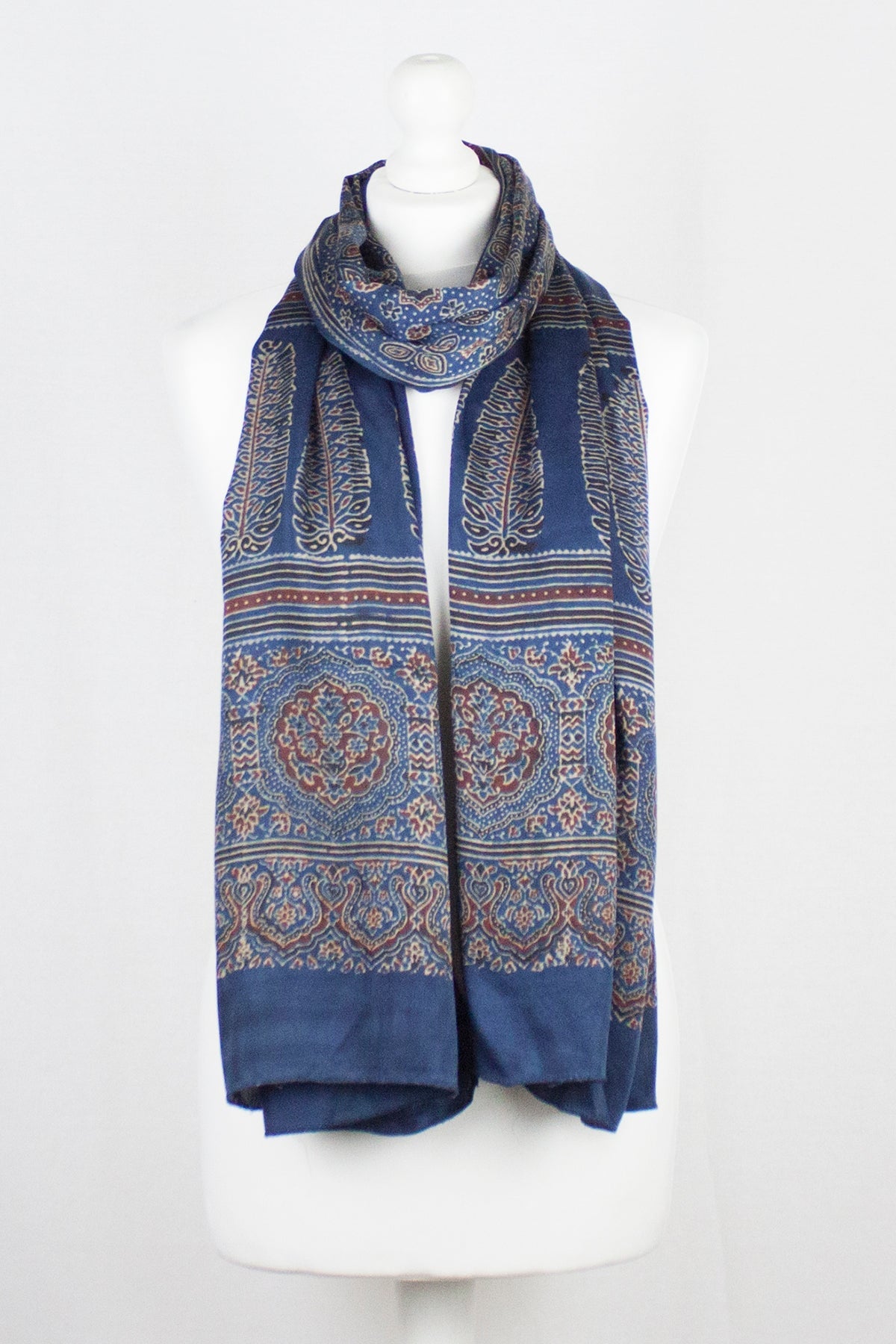 Traditional Geometric & Paisley Ajrakh Block Print Scarf - Blue Red