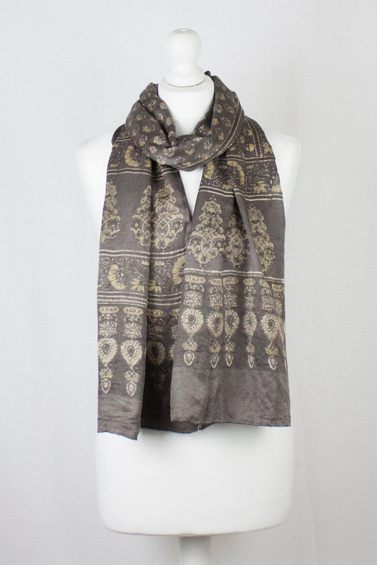 Ditsy Flower Ajrakh Print Silk Scarf - Brown Yellow