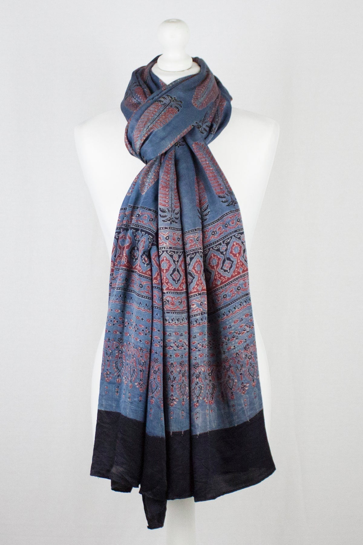 Tree Motif Ajrakh Print Silk Scarf - Blue Red