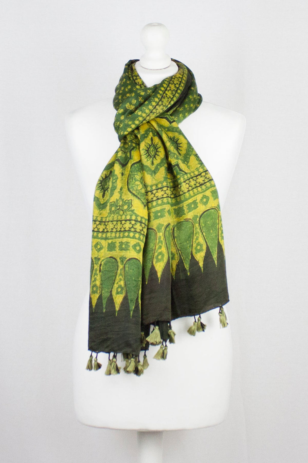 Ditsy Flower Ajrakh Block Print Silk Scarf - Green Yellow