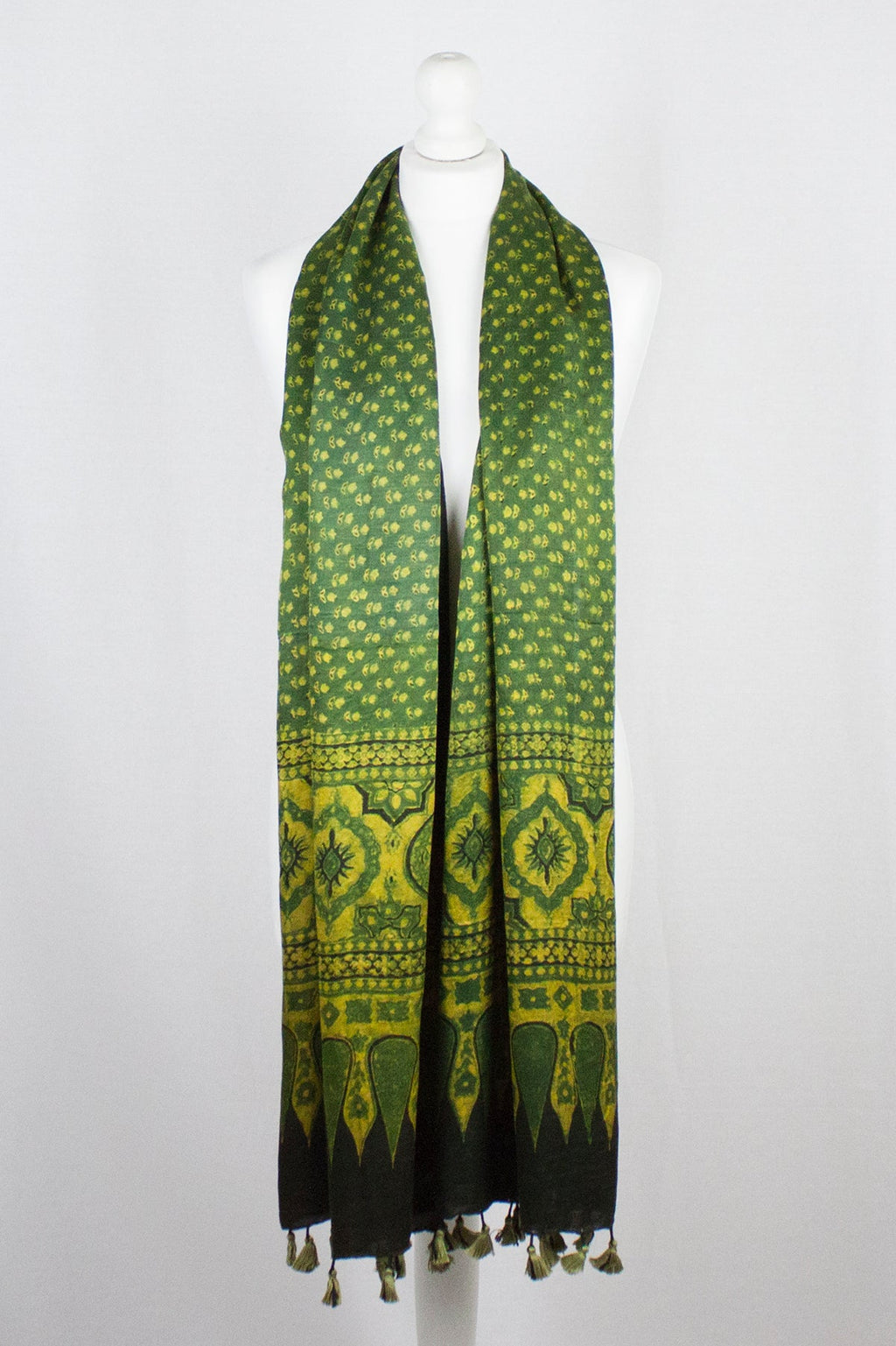 Ditsy Flower Ajrakh Block Print Silk Scarf - Green Yellow