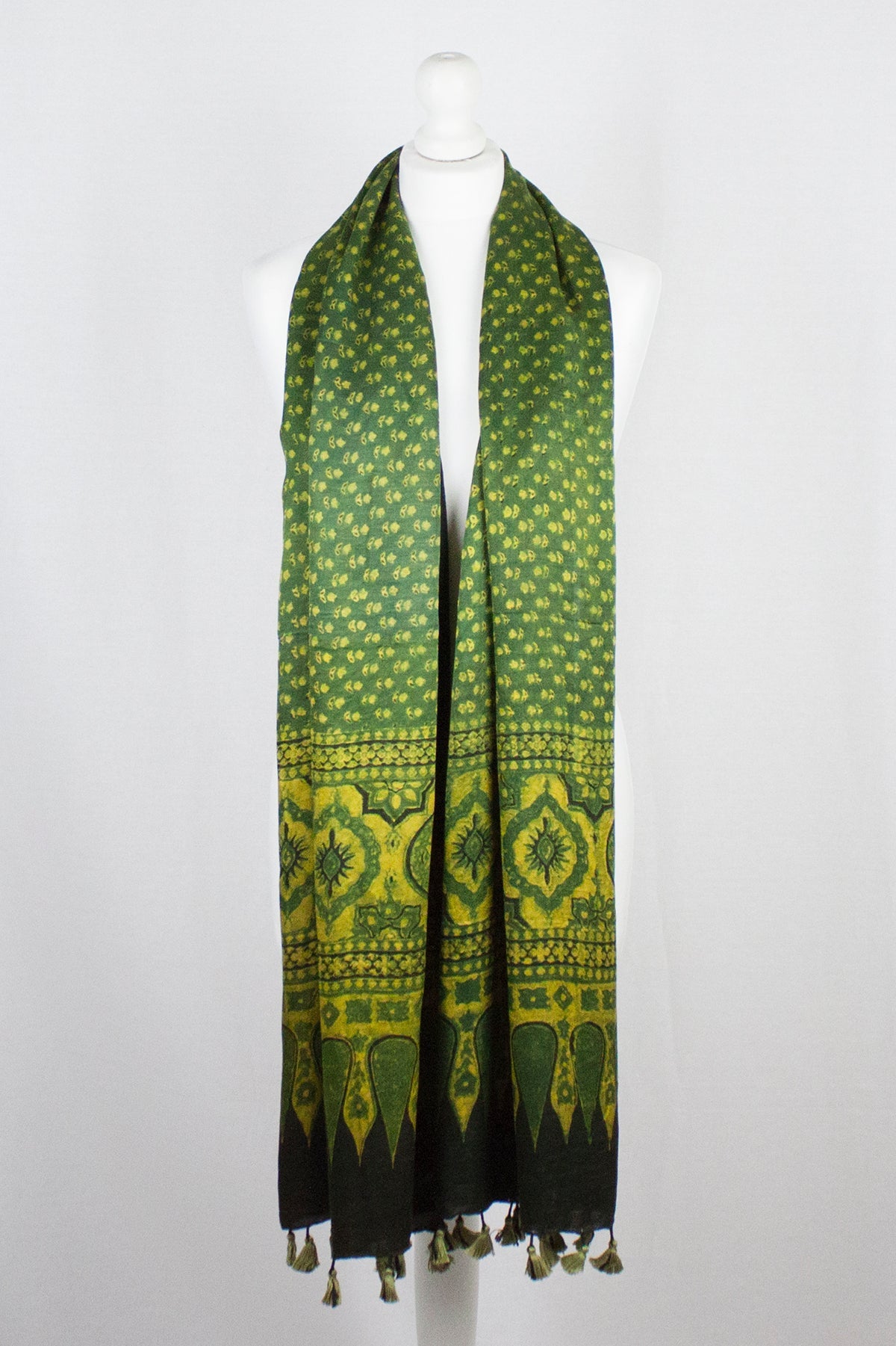 Ditsy Flower Ajrakh Block Print Silk Scarf - Green Yellow