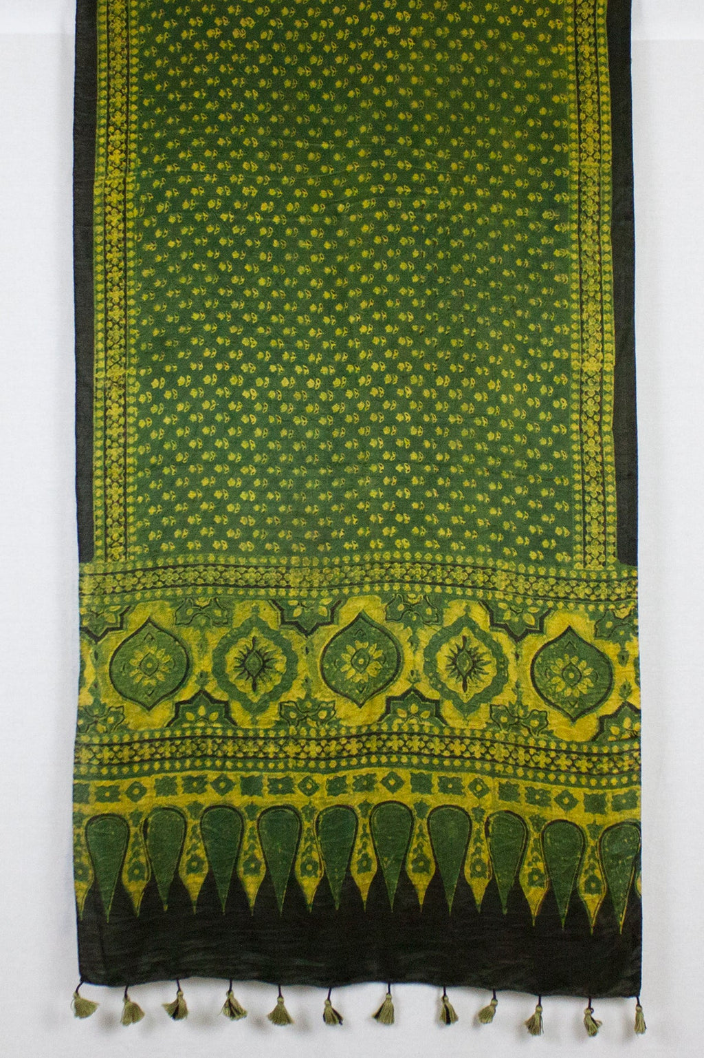 Ditsy Flower Ajrakh Block Print Silk Scarf - Green Yellow