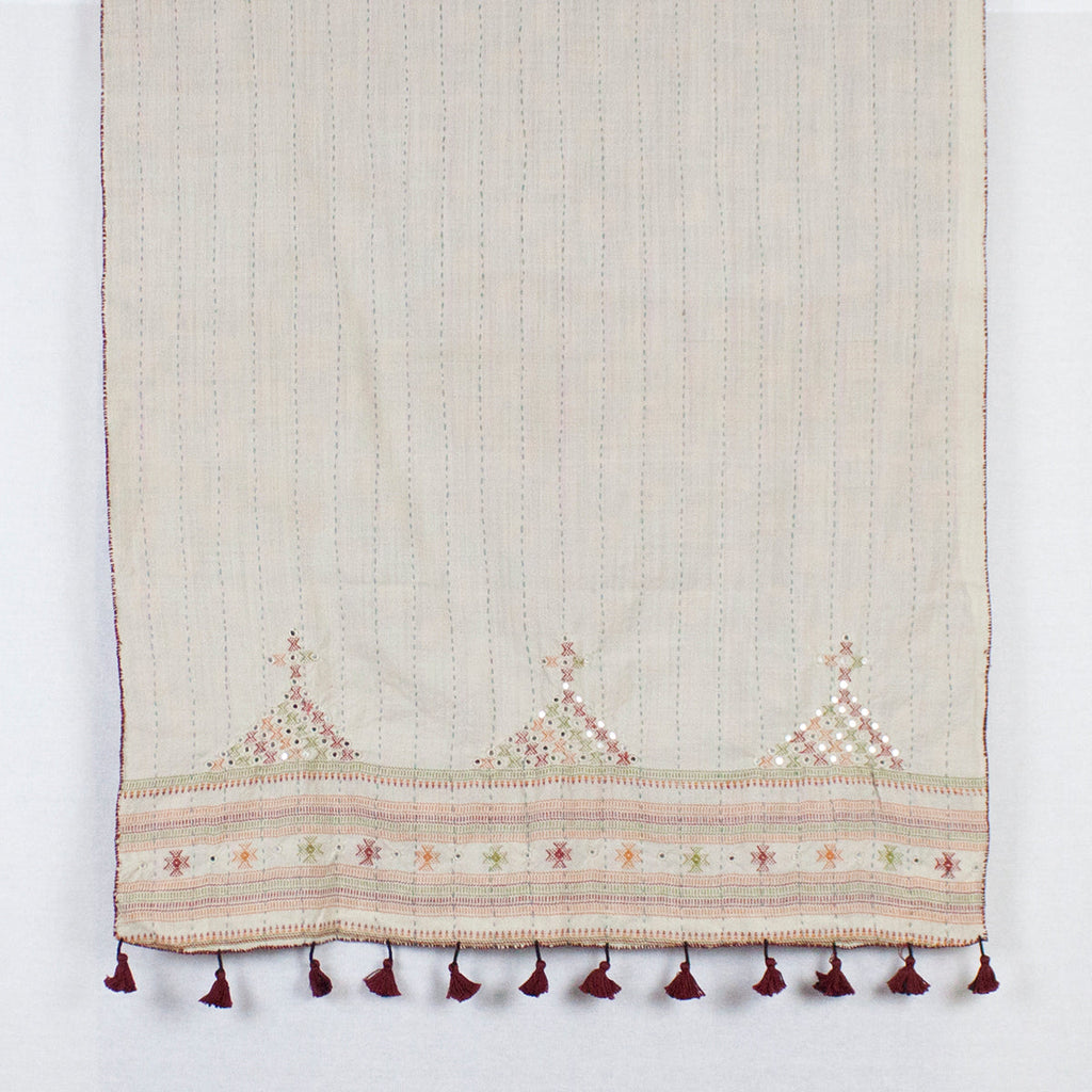 Double Sided Ajrakh Print Silk and Woolen Embroidered Scarf - Orange Off White