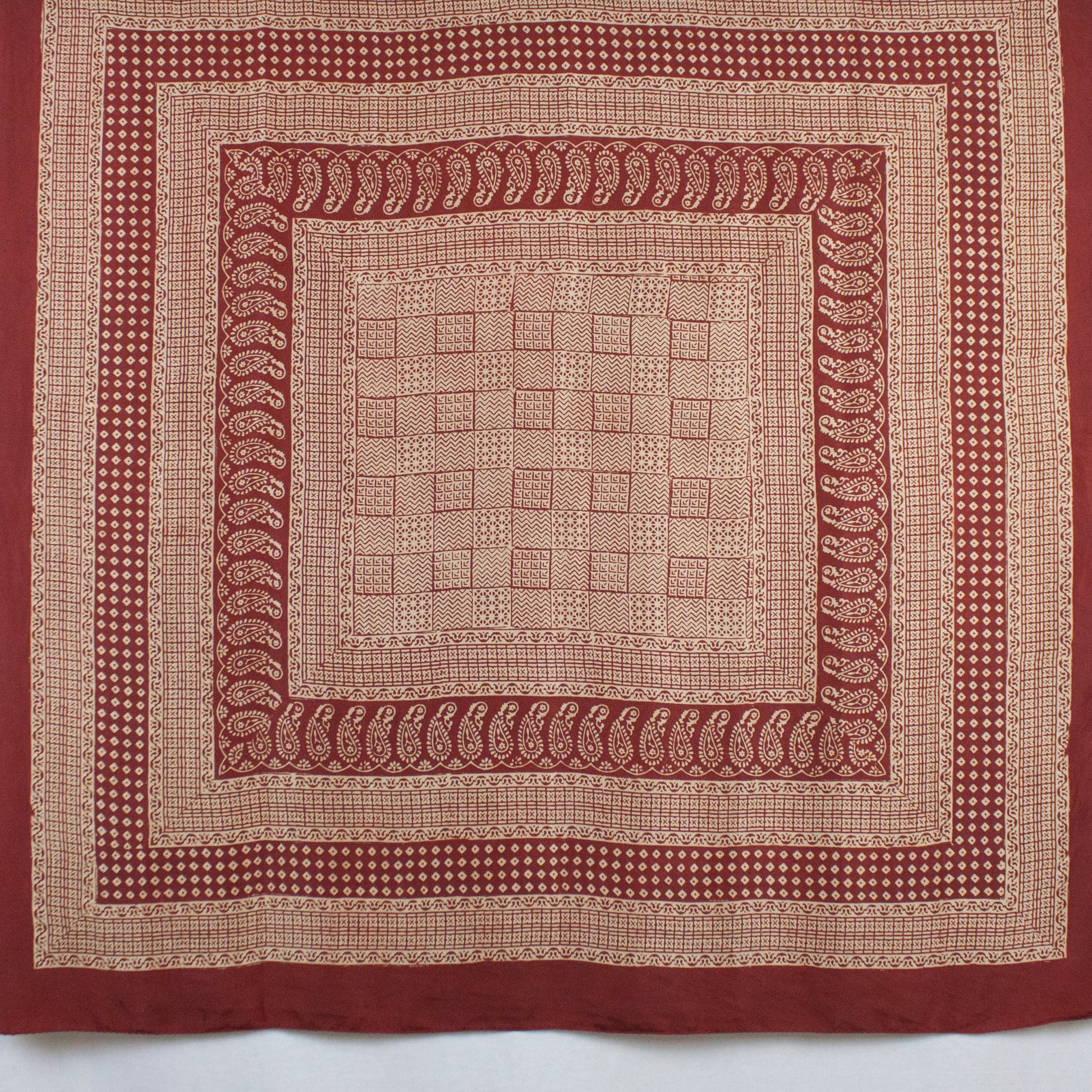 Checks Mix Print Bagh Hand-block Print Silk Square Scarf - Red