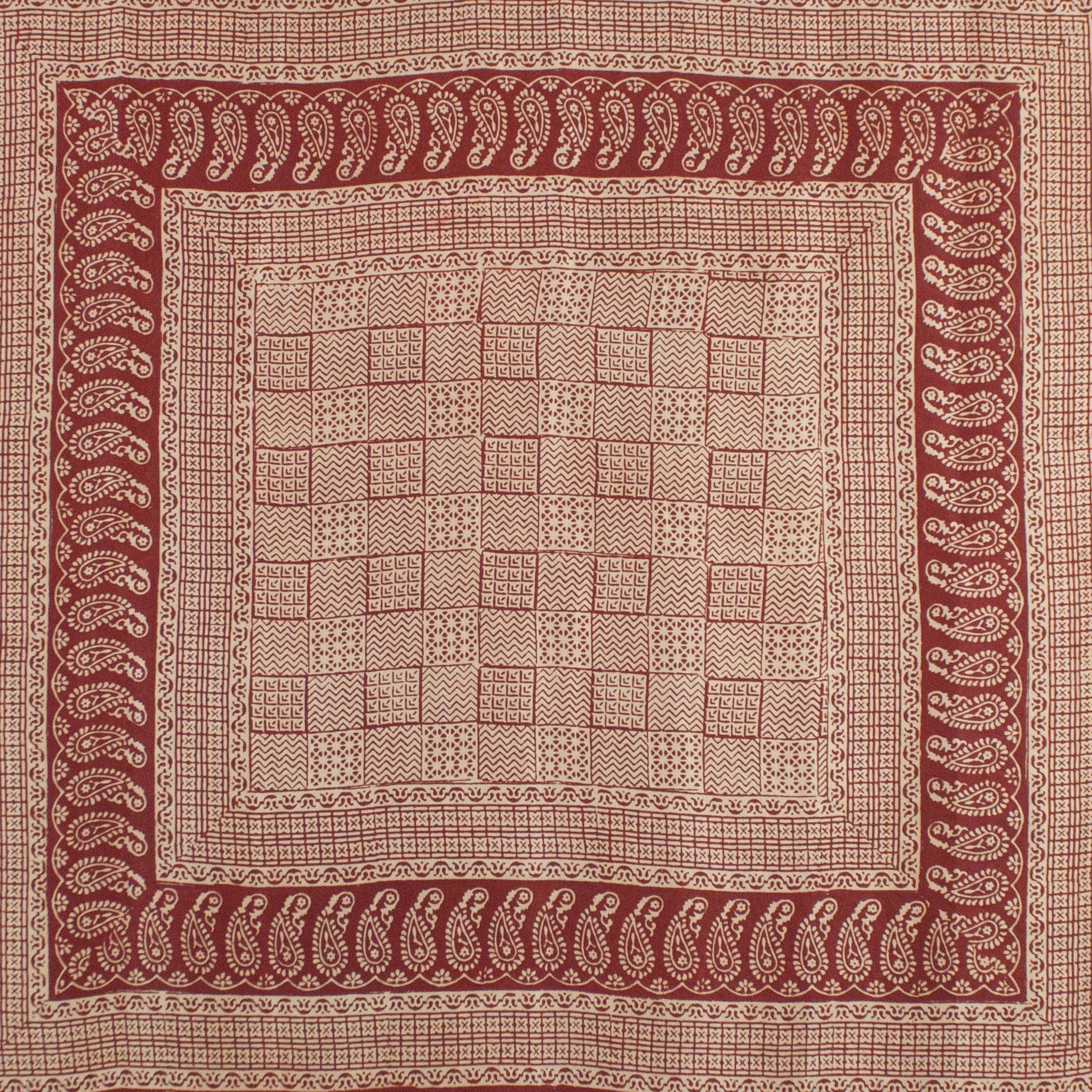 Checks Mix Print Bagh Hand-block Print Silk Square Scarf - Red