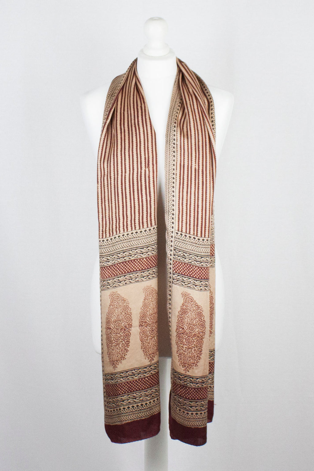 Edgy Stripes Print Bagh Hand-block Print Silk Scarf - Red