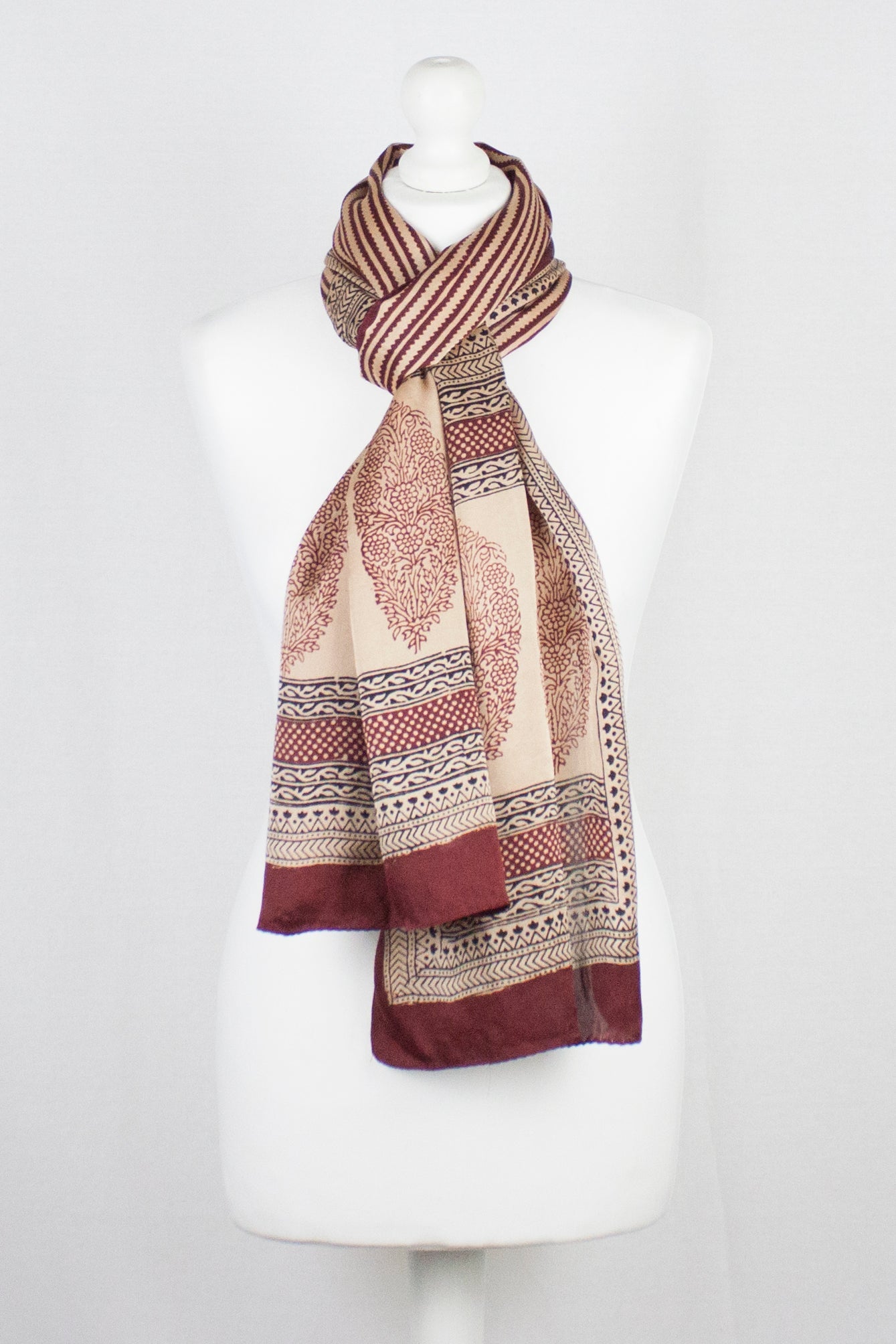 Edgy Stripes Print Bagh Hand-block Print Silk Scarf - Red