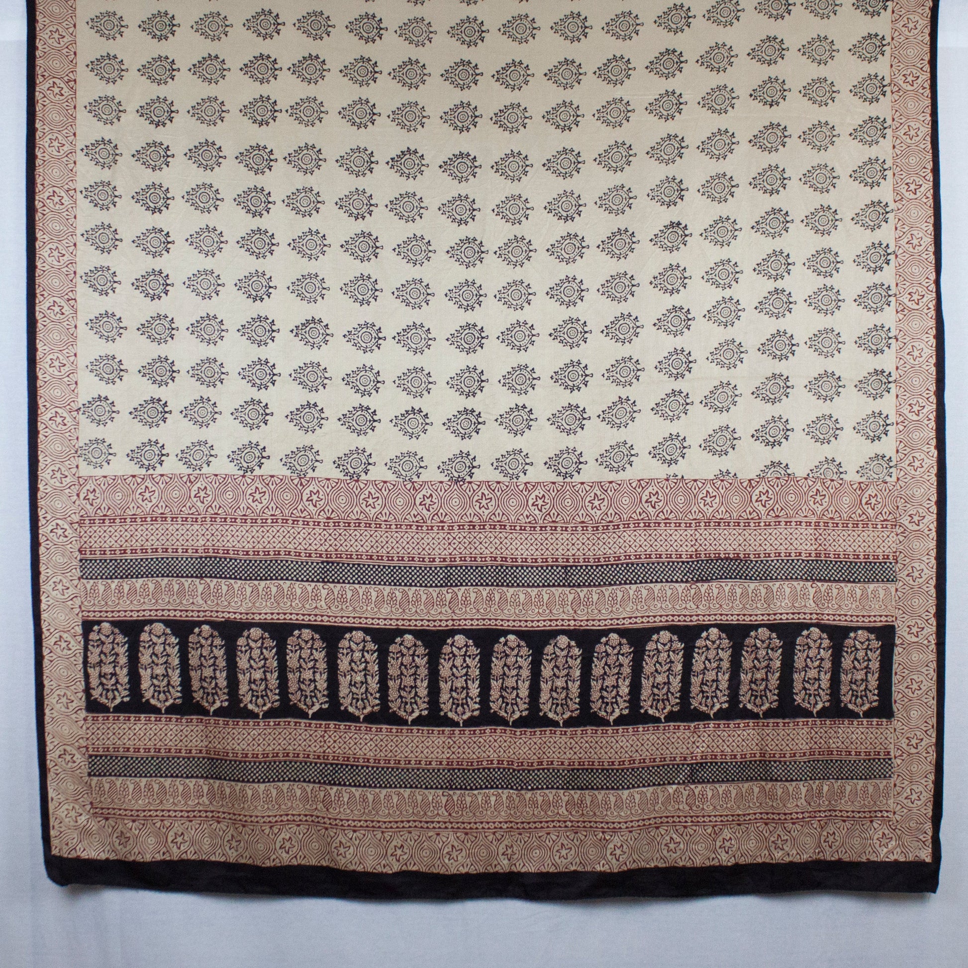 Leaf Print Bagh Hand-block Print Silk Scarf - Off White Black