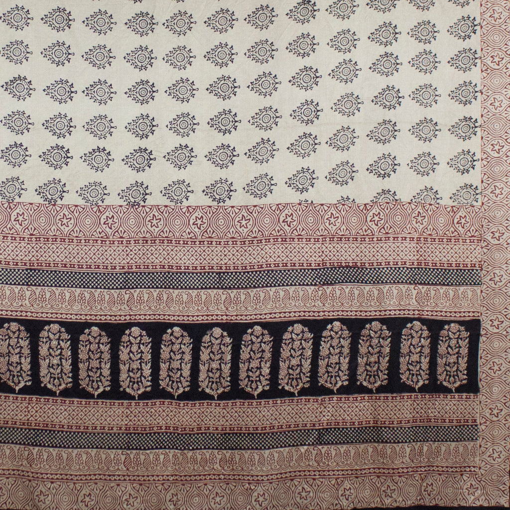 Leaf Print Bagh Hand-block Print Silk Scarf - Off White Black