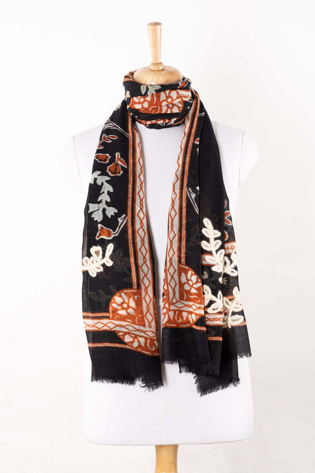 Floral Print with Woolen Embroidery Merino Wool Scarf - Black