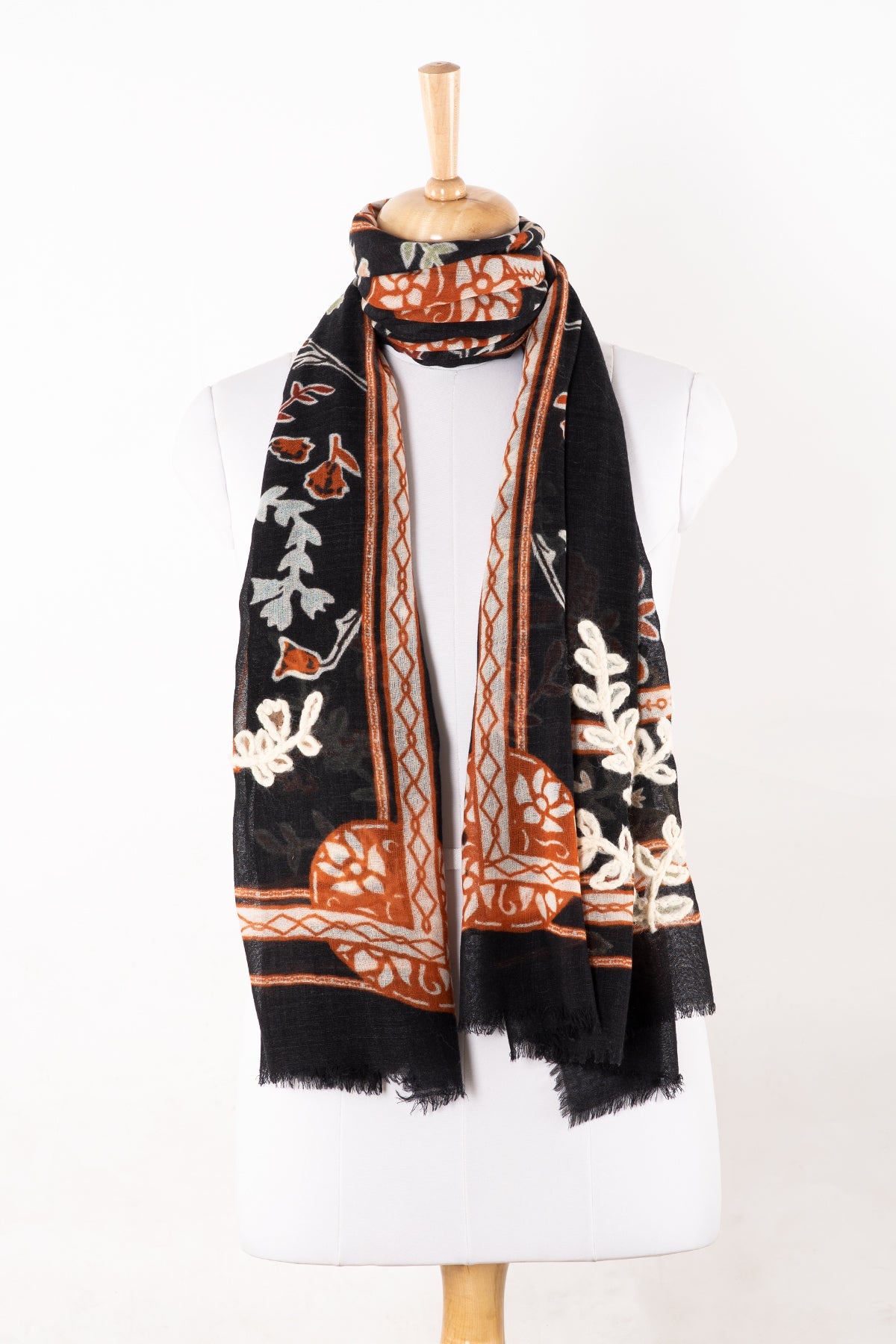 Floral Print with Woolen Embroidery Merino Wool Scarf - Black