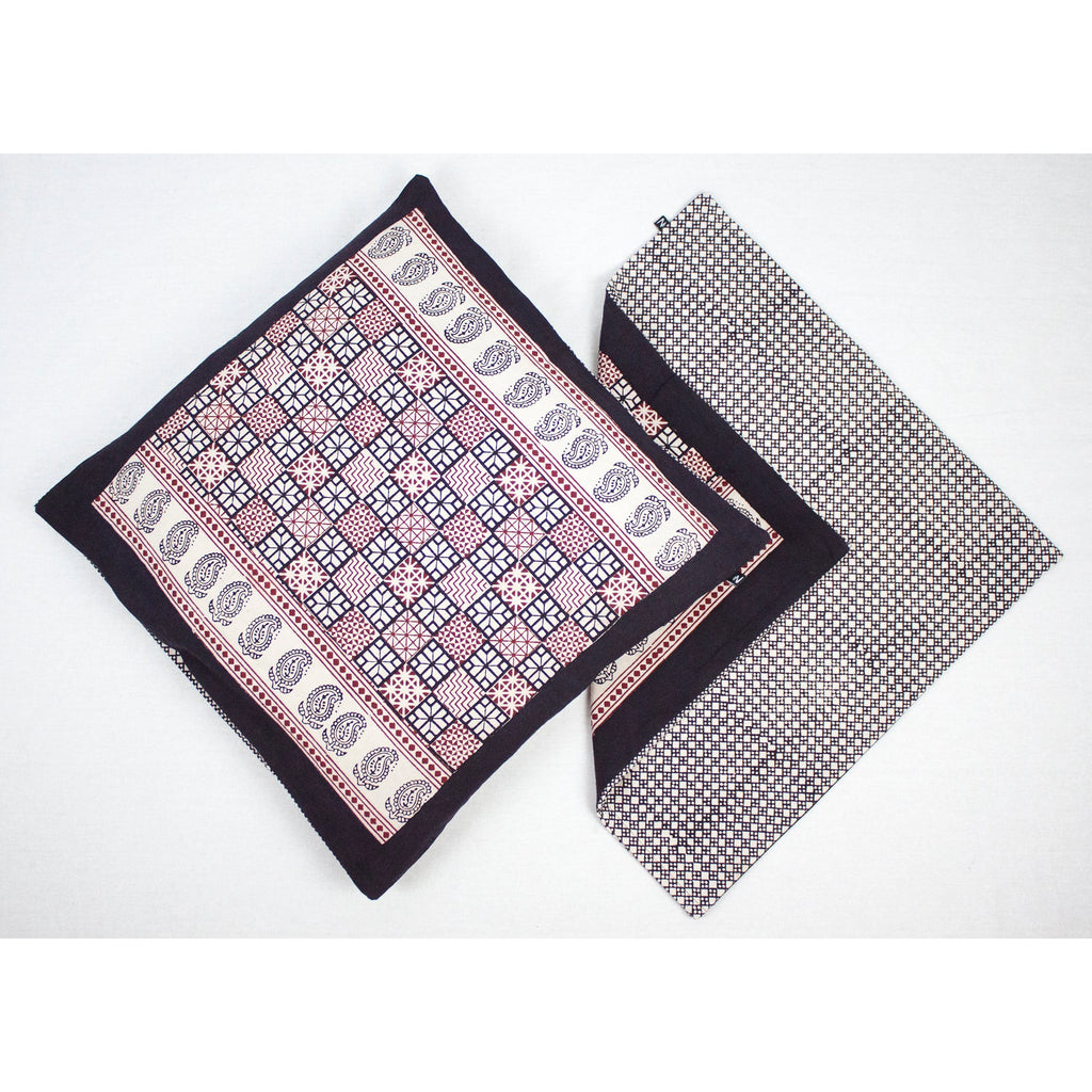Checks Mix & Diamond Bagh Hand Block Print Cotton Cushion Cover - White Black Red