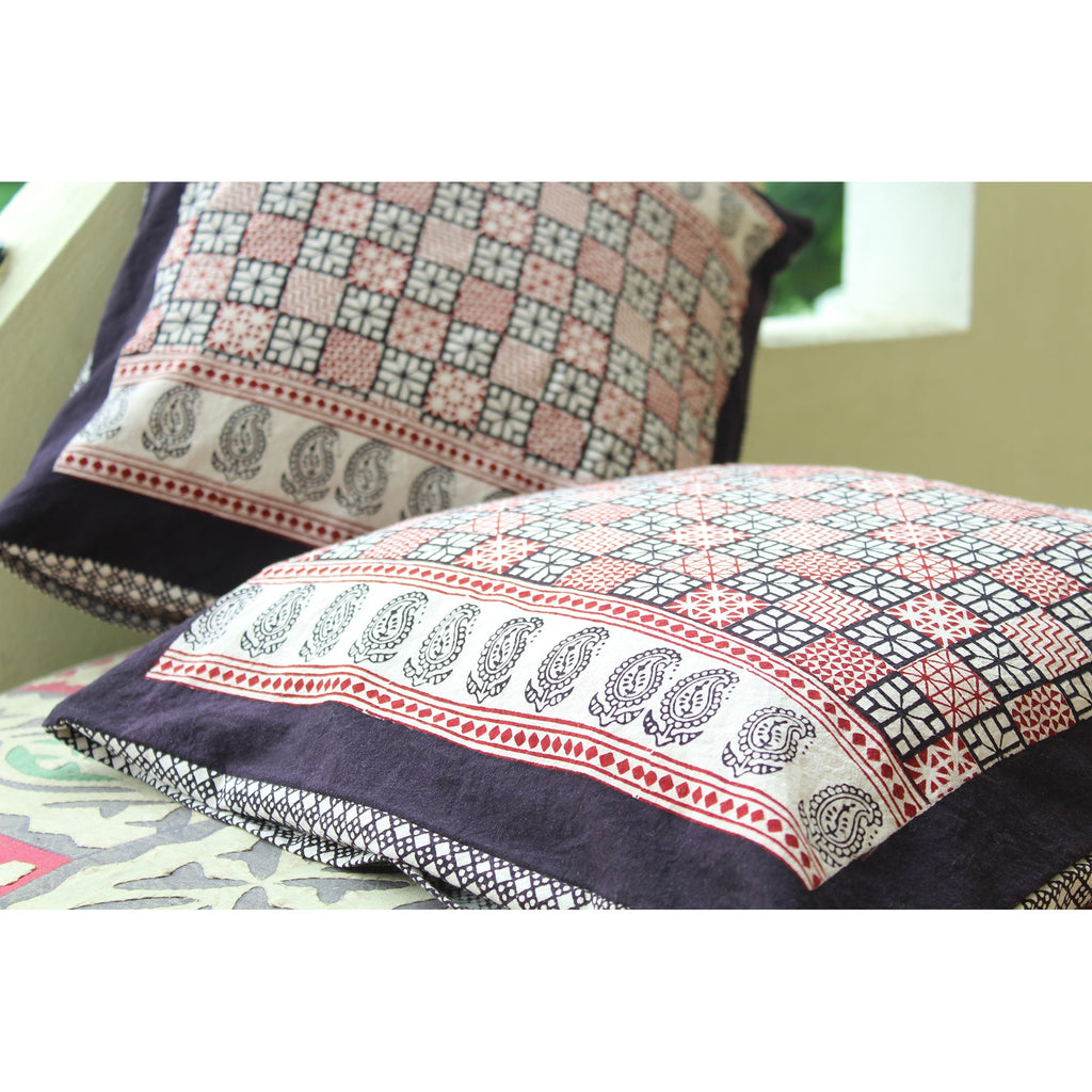 Checks Mix & Diamond Bagh Hand Block Print Cotton Cushion Cover - White Black Red