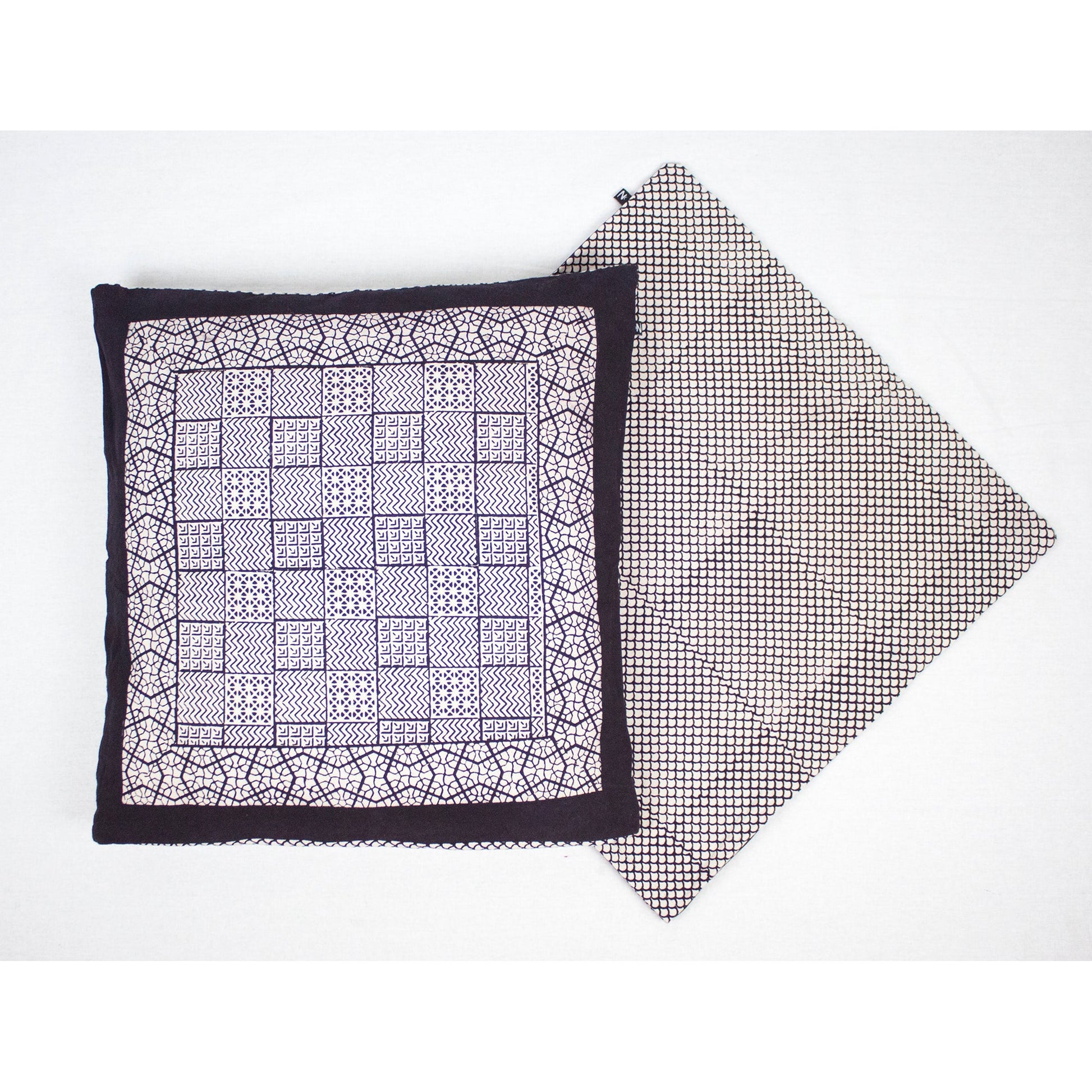 Checks Mix & Seashell Bagh Hand Block Print Cotton Cushion Cover - White Black