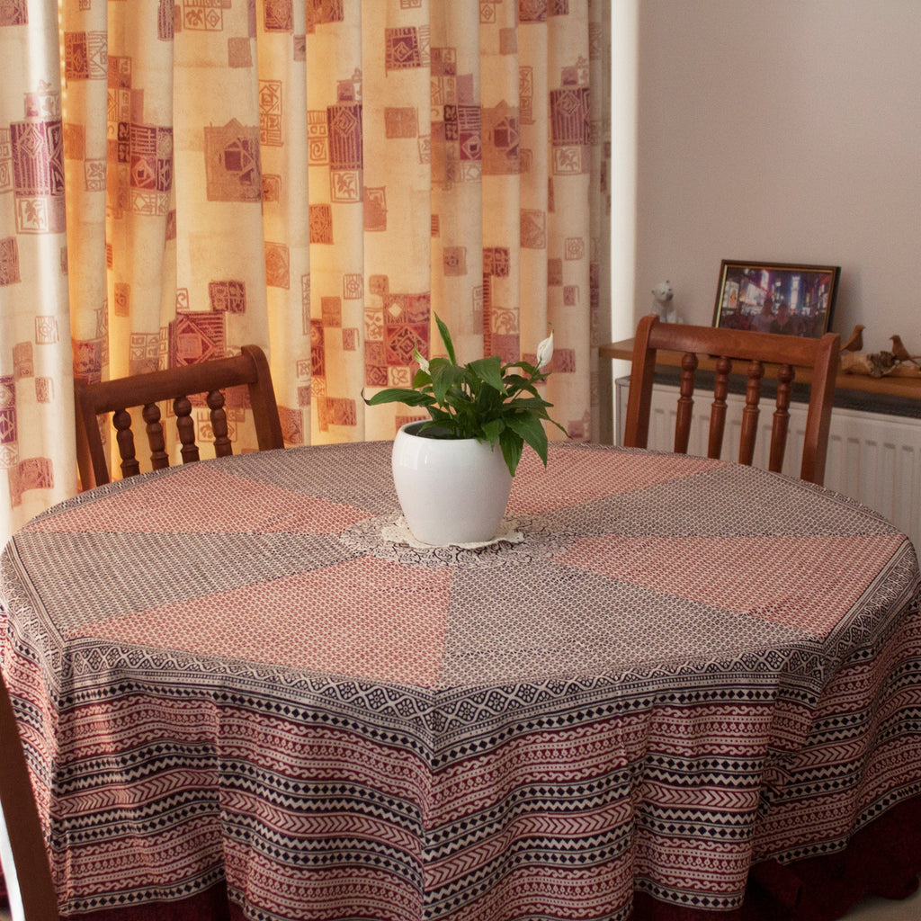 Ditsy Diamond Hand-block Print Round Table Cloth - Black Red