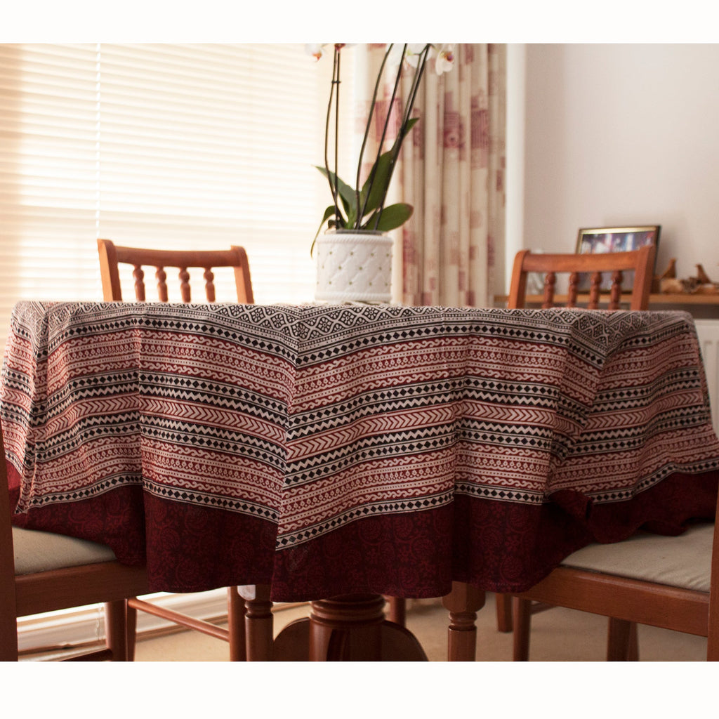 Ditsy Diamond Hand-block Print Round Table Cloth - Black Red