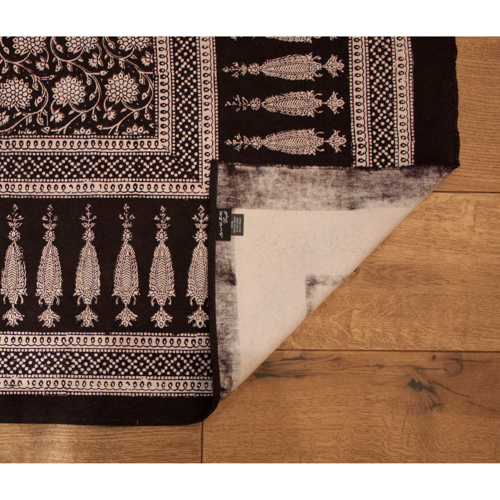 Traditional Floral & Paisley Hand-block Print Area Rug - White Black