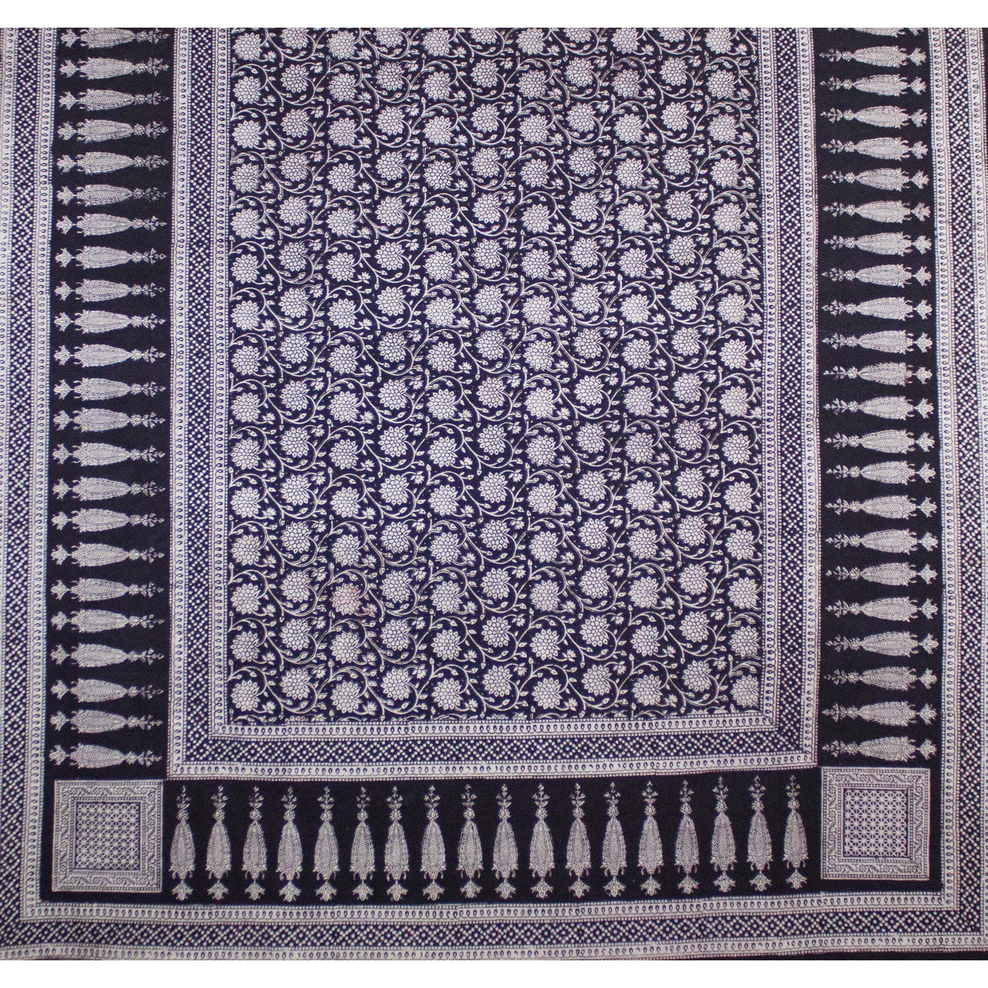 Traditional Floral & Paisley Hand-block Print Area Rug - White Black
