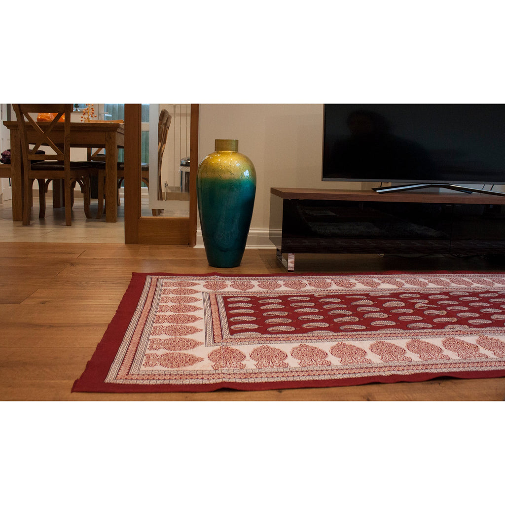 Paisley & Ambi Hand Block Print Area / Runner Rug - Red White