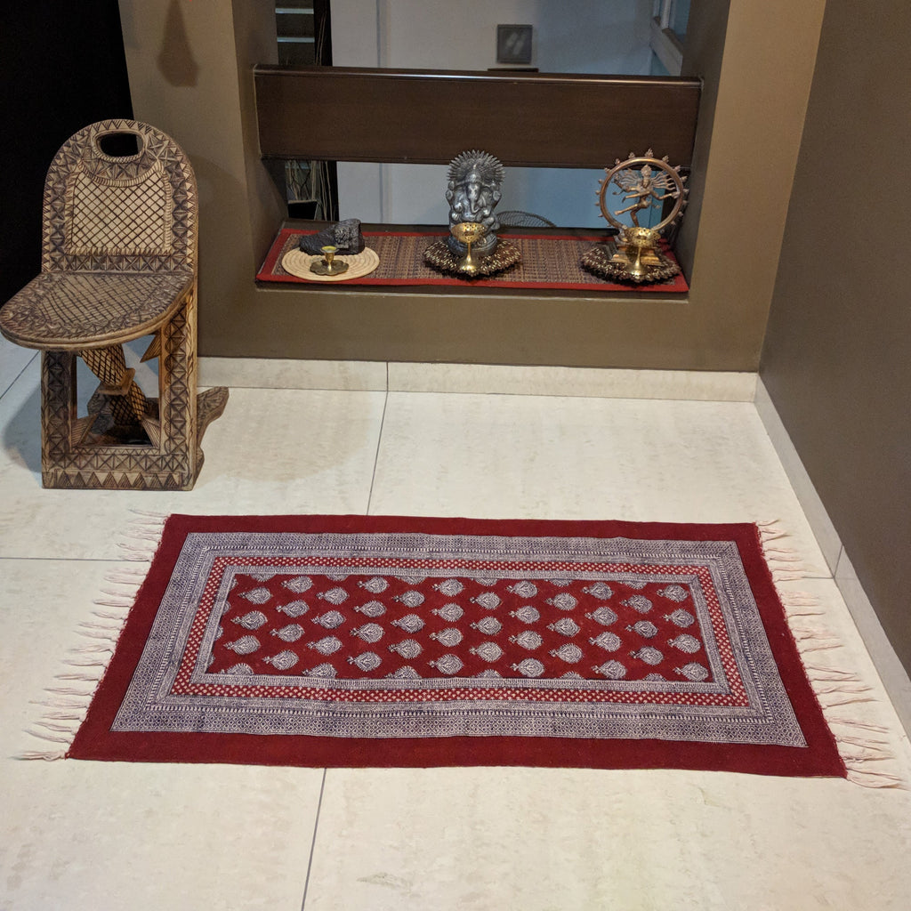 Paisley Jaal Hand-block Print Rug - Red White