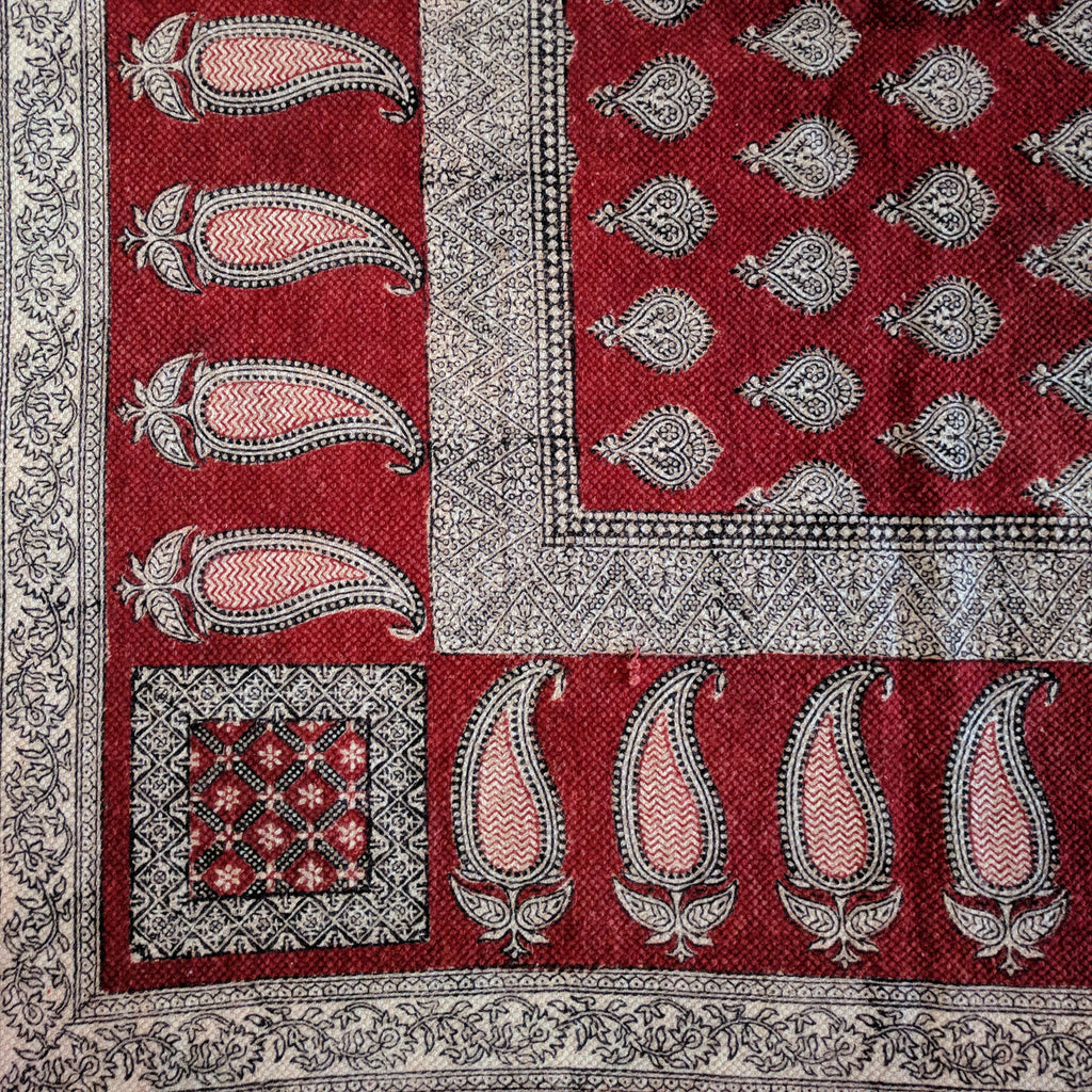Traditional Paisley Jaal & Border Hand-block Print Rug - Red White