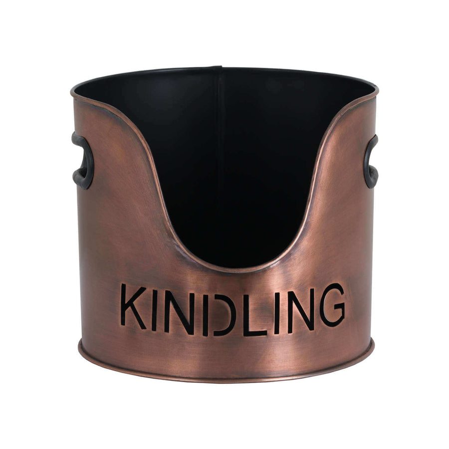 Copper log and kindling bucket set with match holder, rustic metal fireplace storage in elegant warm finish by Sostter at brixbailey.com