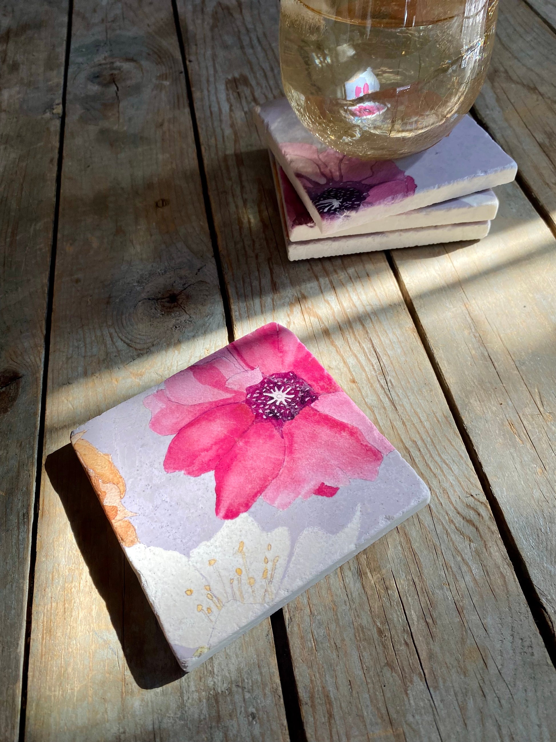 Cactus Flowers Grey Marble Coaster Set of Four