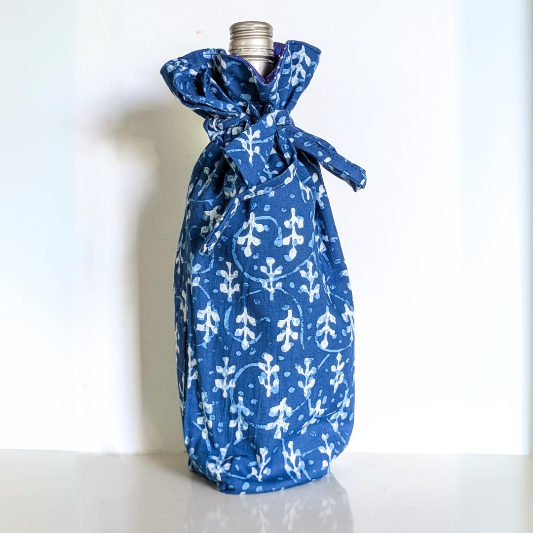 Eco Friendly Bottle Bags, Reusable Kalamkari Cotton Bottle Gift Bags, Ethically Handmade in India