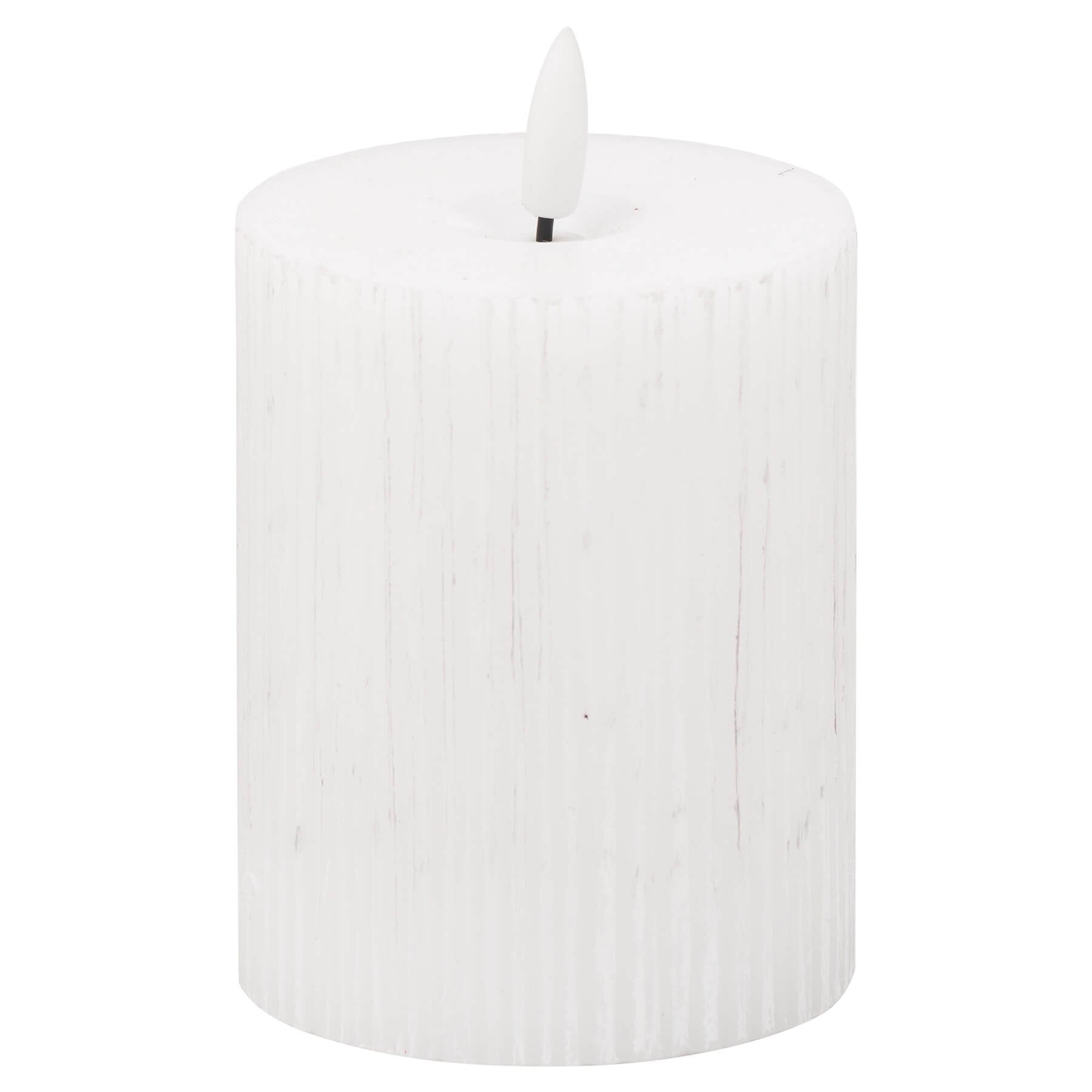 White ribbed LED candle with realistic amber flicker, battery-operated for safe ambiance (124 chars) by Sostter at brixbailey.com