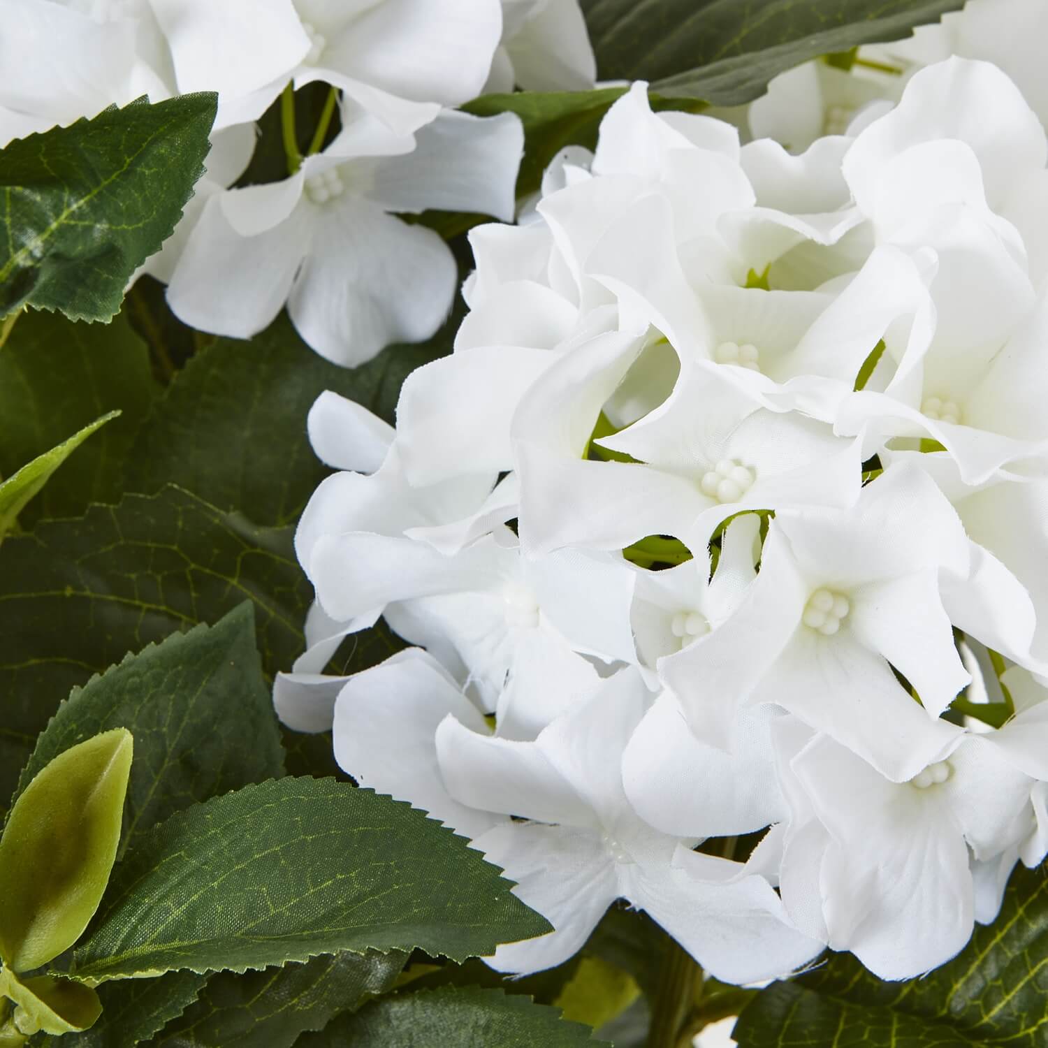 White hydrangea arrangement with green foliage, lifelike plastic blooms, perfect for farmhouse or modern decor by Sostter at brixbailey.com