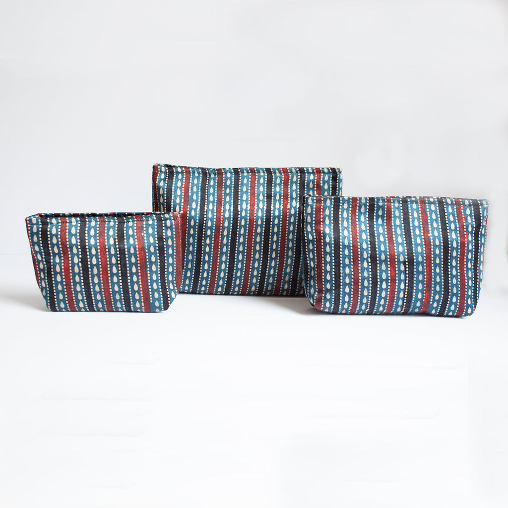 Ajrakh Hand-block Print Pouch Set of 3 - Blue Black Stripes