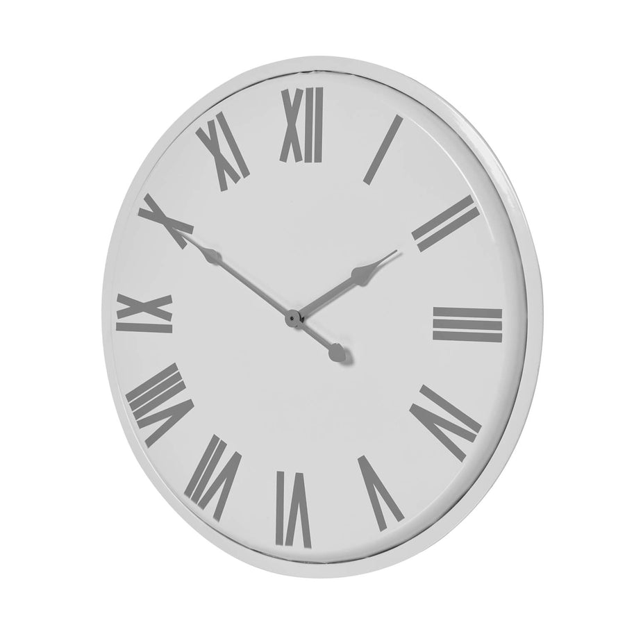 White metal Flemings wall clock, 49cm square minimalist design with sleek modern numerals, perfect for contemporary decor by Sostter at brixbailey.com