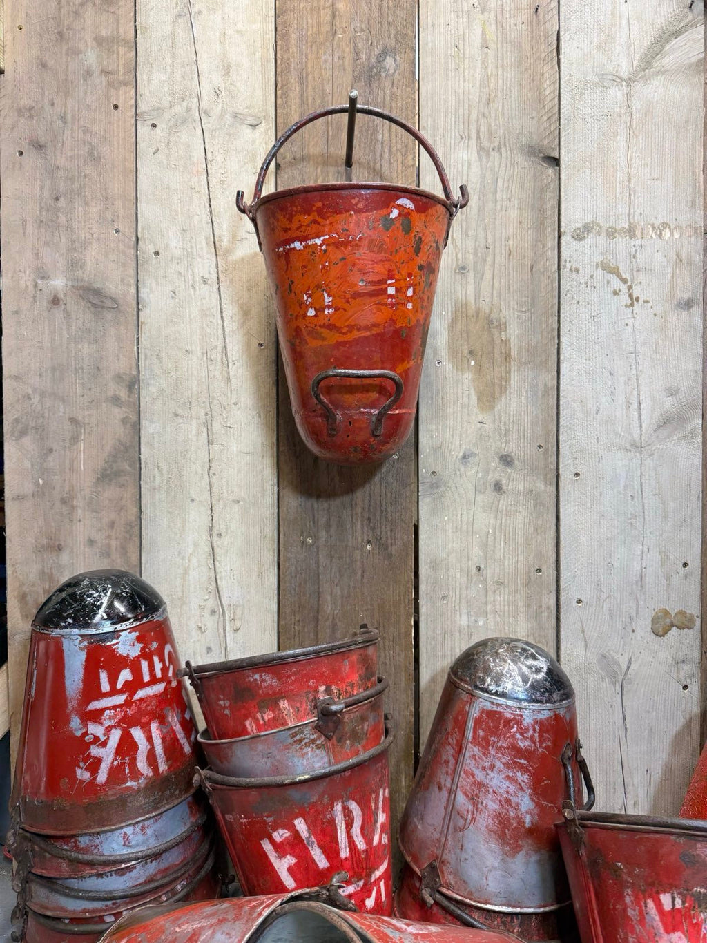 Vintage Galvanised Hanging Fire Bucket Hanging Basket / Plant Pot Planter Pail A