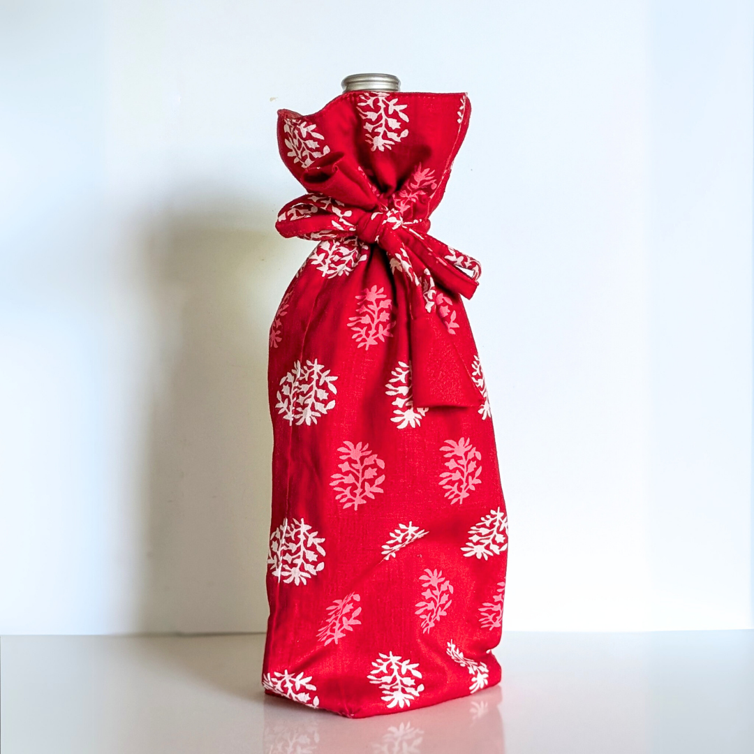 Eco Friendly Bottle Bags, Reusable Kalamkari Cotton Bottle Gift Bags, Ethically Handmade in India