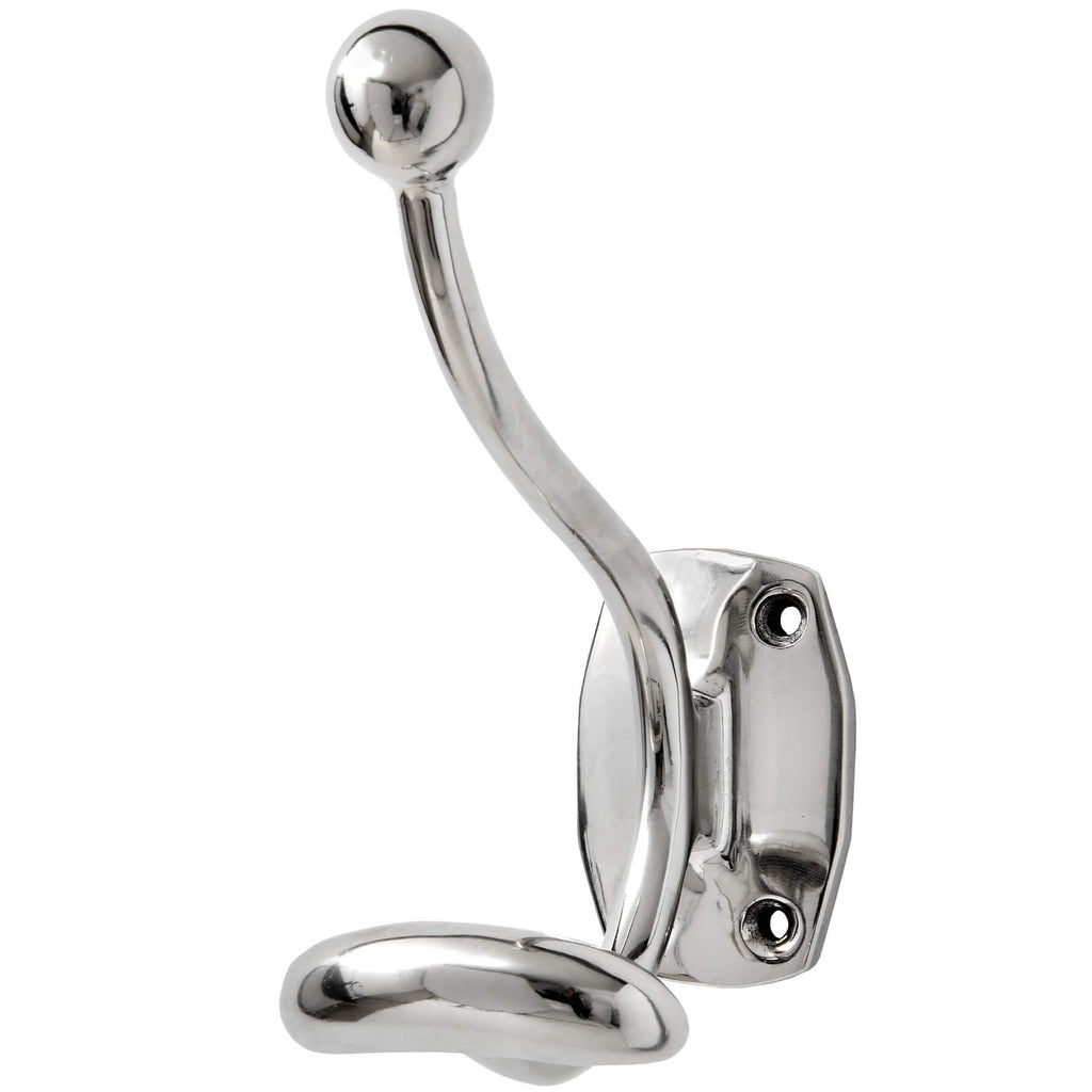 Minimalist chrome coat hanger with reflective silver finish, modern wall-mounted hook for coats and scarves by Sostter at brixbailey.com