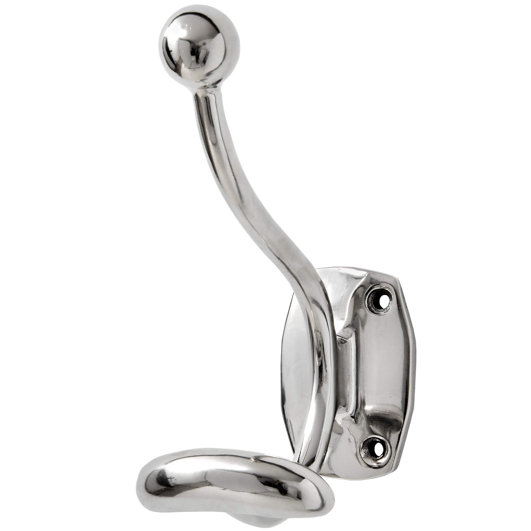 Minimalist chrome coat hanger with reflective silver finish, modern wall-mounted hook for coats and scarves by Sostter at brixbailey.com