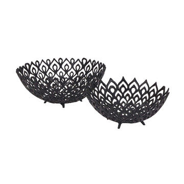 Matte black aluminum lattice bowl with geometric perforations, modern sculptural centerpiece for home decor by Sostter at brixbailey.com