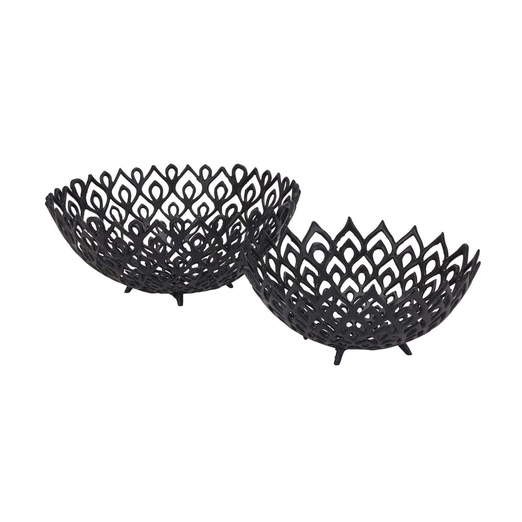 Black perforated steel lattice bowl creating light and shadow patterns, modern matte finish, 32cm diameter. by Sostter at brixbailey.com