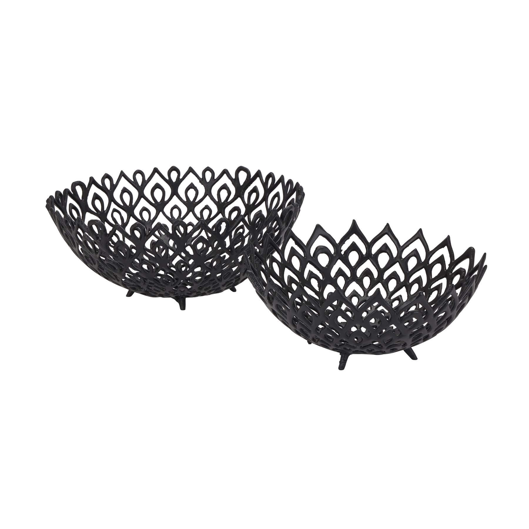 Black perforated steel lattice bowl creating light and shadow patterns, modern matte finish, 32cm diameter. by Sostter at brixbailey.com