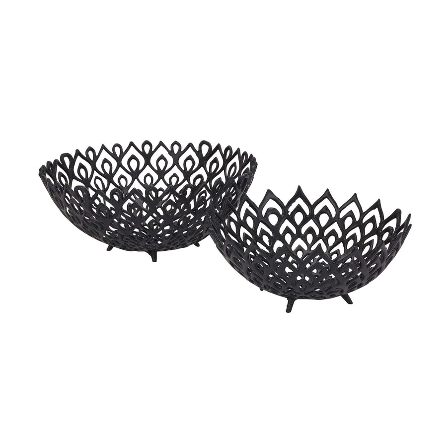 Black perforated steel lattice bowl creating light and shadow patterns, modern matte finish, 32cm diameter. by Sostter at brixbailey.com