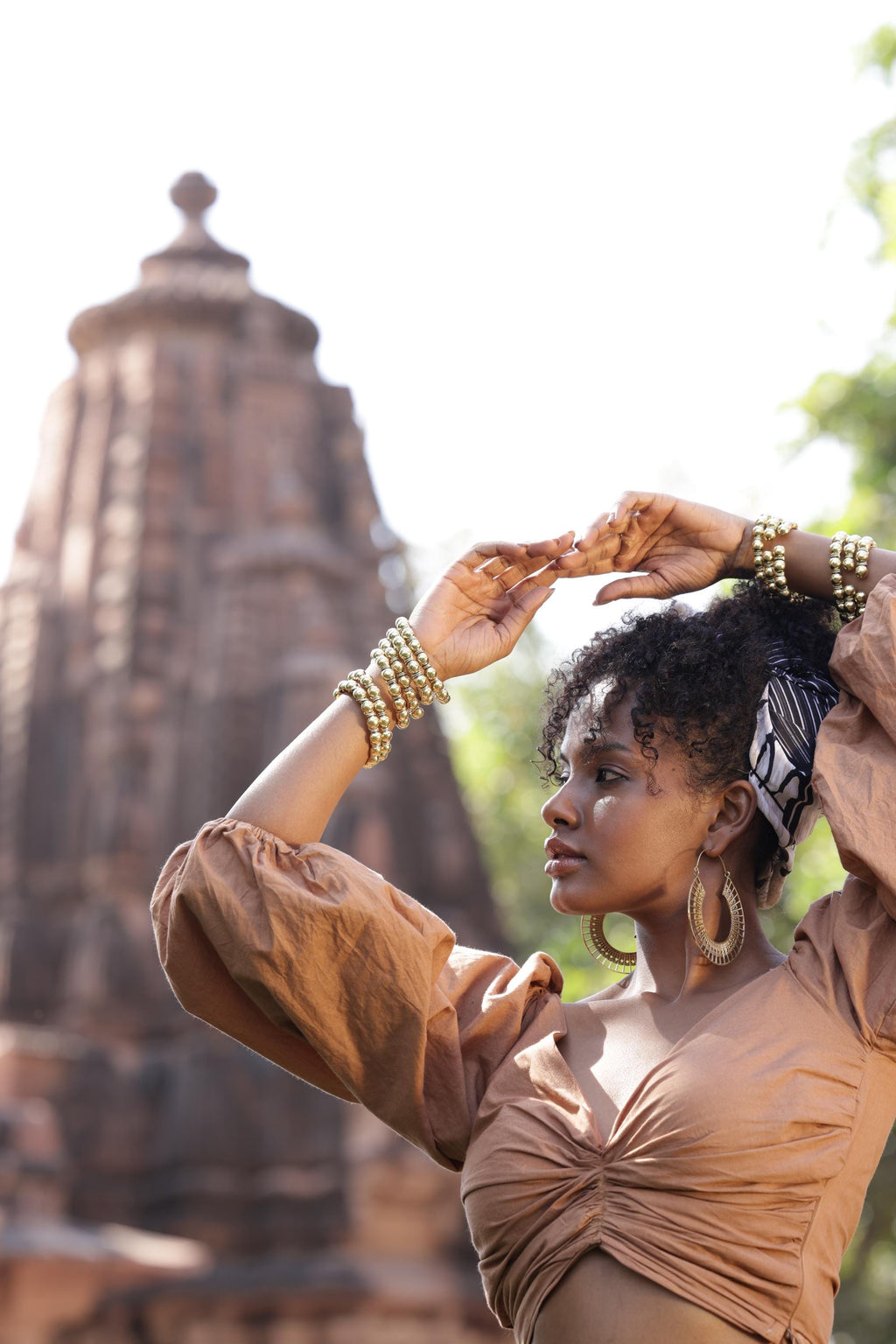 Beaded Orb Adjustable Brass/Sliver Cuff - Textured golden cuff with polished brass beads, crafted for a modern ethnic feel.