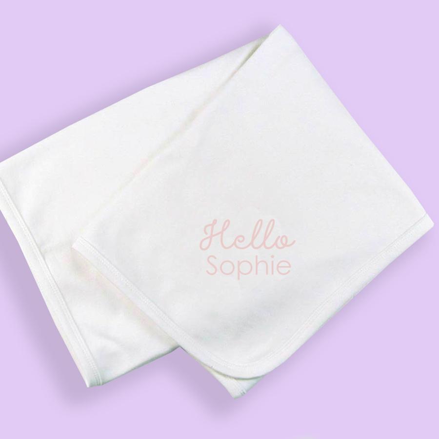 Personalise White 'Hello Baby' Pram Blanket