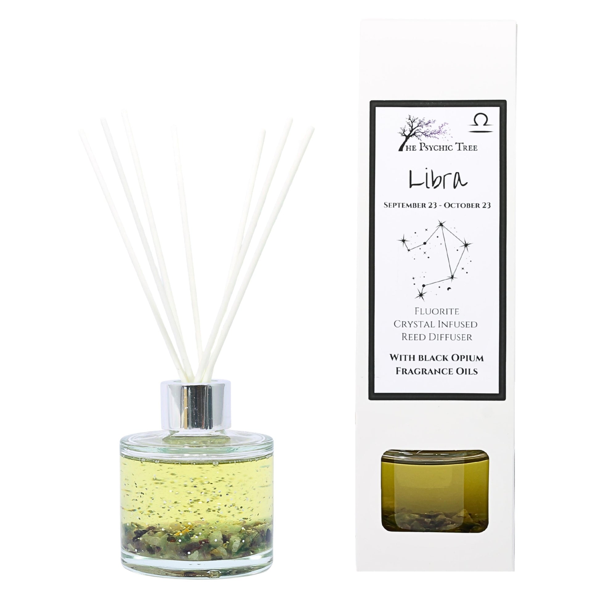 Libra Zodiac Crystal Infused Reed Diffuser with Fluorite and Black Opium