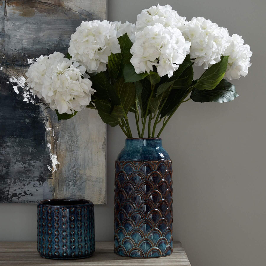 Handcrafted indigo scalloped ceramic vase with artisan glaze, 34cm tall, modern home decor statement piece by Sostter at brixbailey.com