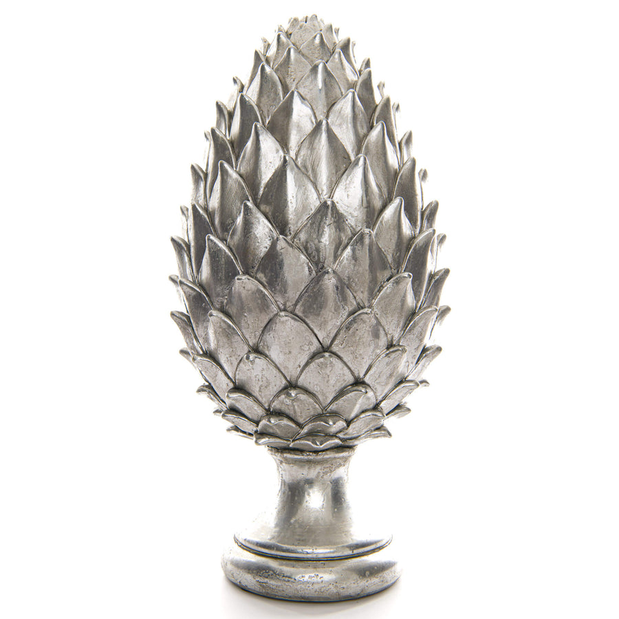 Silver ceramic pinecone finial decor, 40cm tall with metallic finish, botanical detailing for modern or classic interiors by Sostter at brixbailey.com