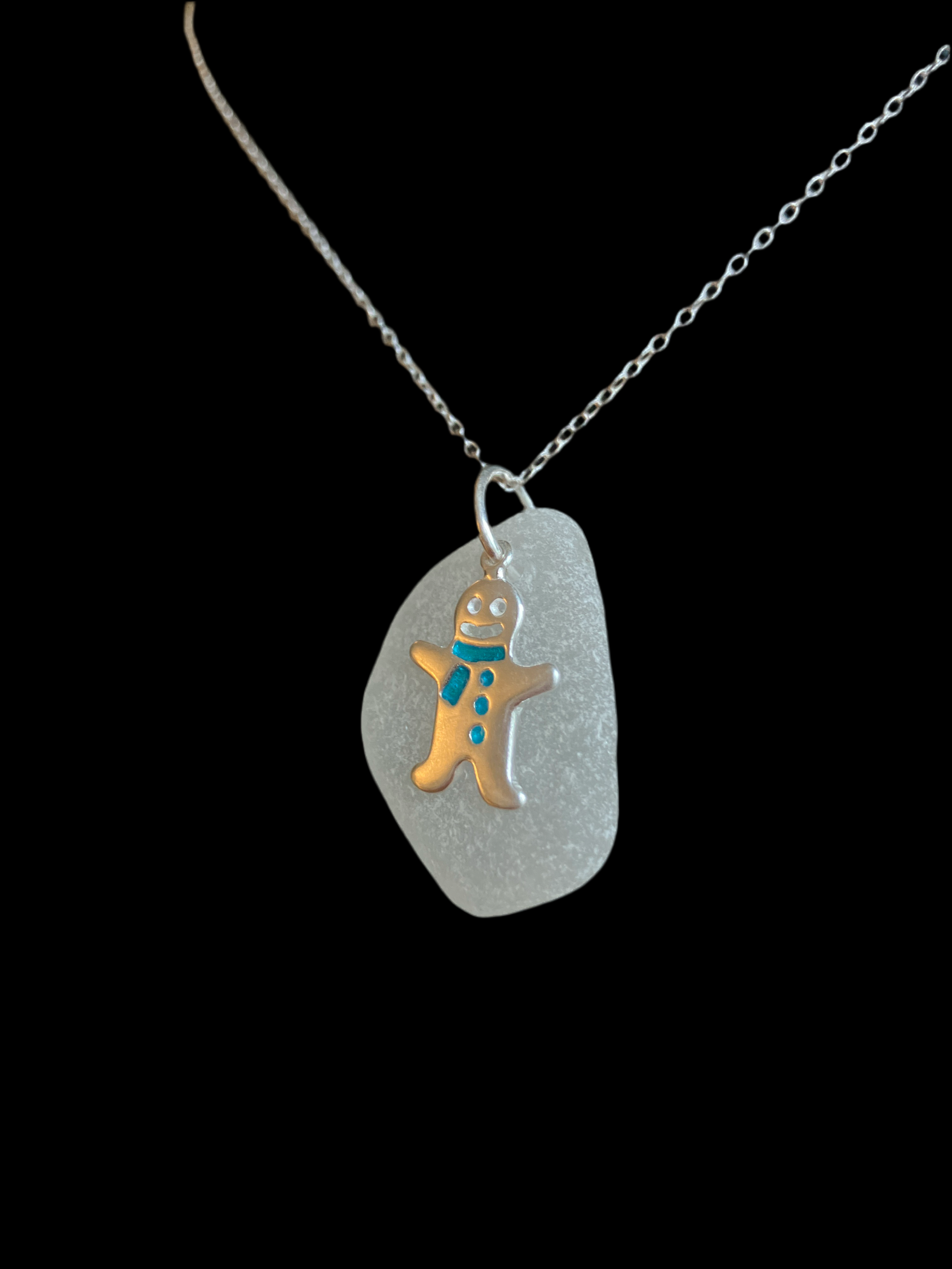 Gingerbread Man Frosted Sea Glass Silver Necklace