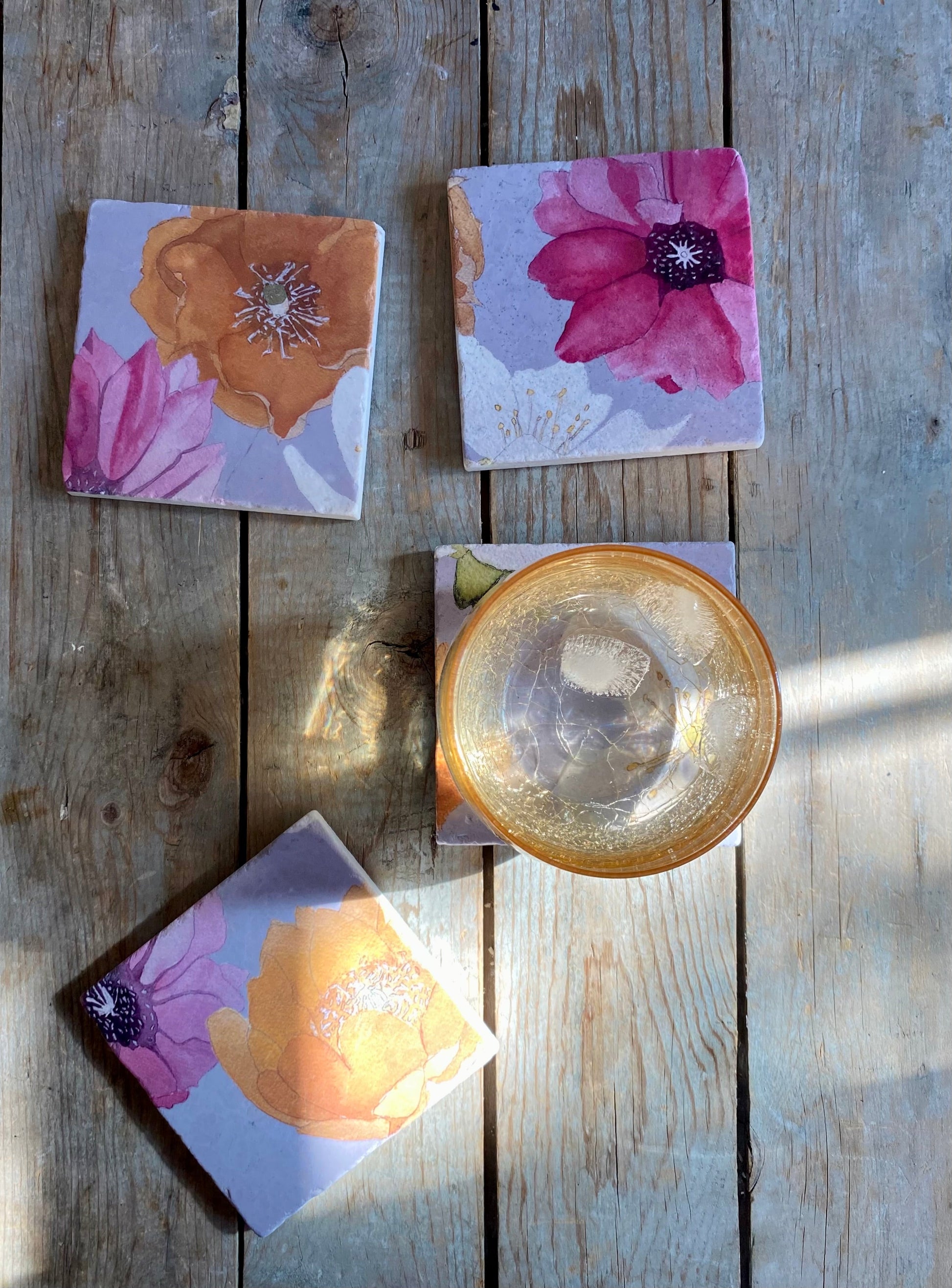 Cactus Flowers Grey Marble Coaster Set of Four