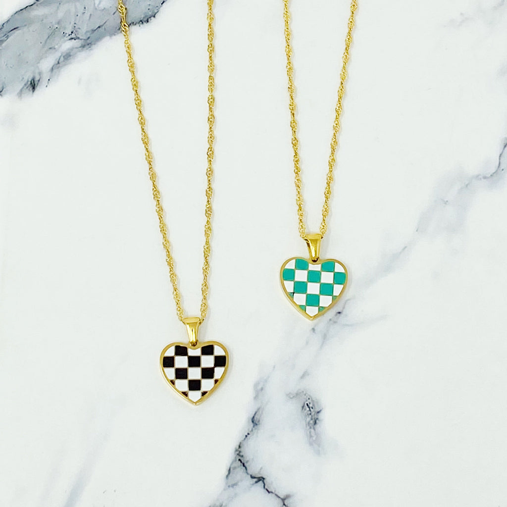 Checkered Heart Necklace in Gold Plated Stainless Steel