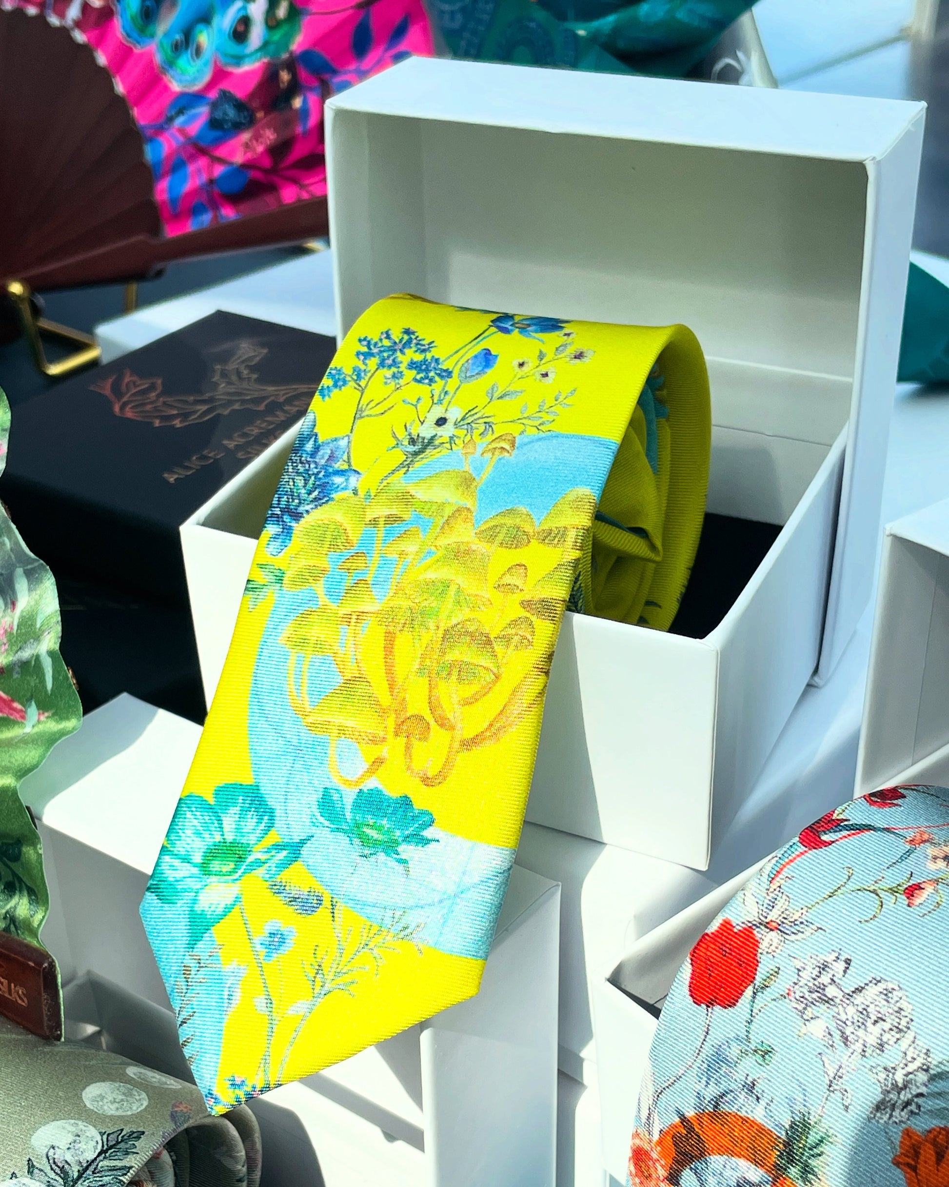 Vibrant Yellow and Pale Blue Luciferin Floral Silk Tie